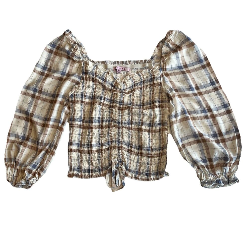 Smocked Crop Blouse Womens Junior’s M Blue Brown Ivory Plaid Peasant Boho Indie